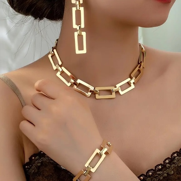 4 Piece Gold Plated Geometric Links Chain Bracelet Necklace Earrings Jewelry Set - Picture 1 of 4